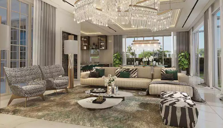 Aerial view of luxury villas in Dubai’s top communities, featuring an opulent villa with a private pool and landscaped garden in Emirates Hills, with the Dubai skyline and Palm Jumeirah visible in the background.