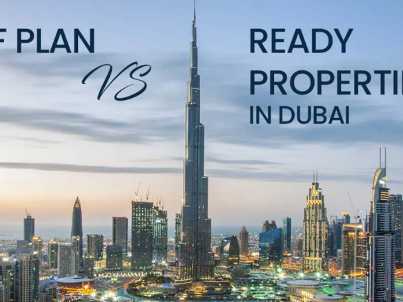 Split-screen infographic comparing Apartments vs Off Plan in Dubai. Left side shows a ready-to-move-in luxury apartment with a family enjoying city views.
