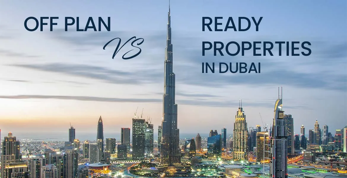 Split-screen infographic comparing Apartments vs Off Plan in Dubai. Left side shows a ready-to-move-in luxury apartment with a family enjoying city views.