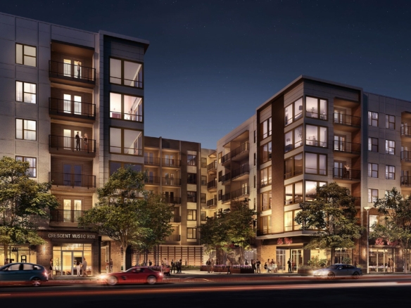 Best Communities for Modern Apartment Living: A vibrant, sunlit urban courtyard featuring sleek high-rise apartment buildings, residents relaxing on modern patio furniture, and lush green landscaping, showcasing top-rated neighborhoods for contemporary renters.