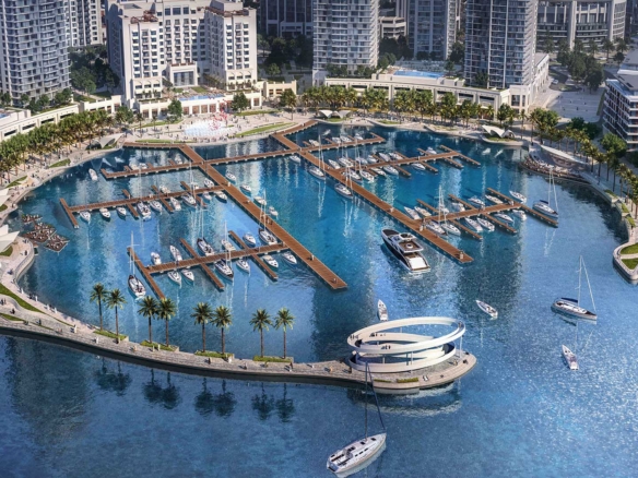Stunning aerial view of Dubai Creek Harbour showcasing luxury waterfront skyscrapers, the iconic Dubai Creek Tower, and serene marina waters, representing the ultimate Harbour Property investment in Dubai.
