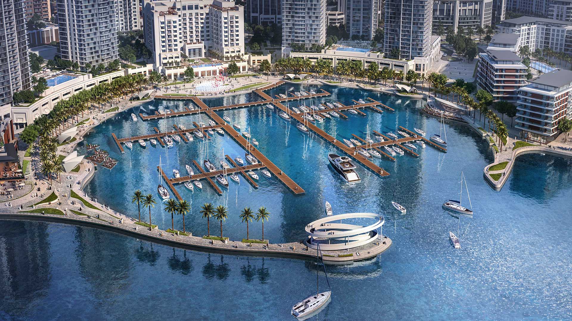 Stunning aerial view of Dubai Creek Harbour showcasing luxury waterfront skyscrapers, the iconic Dubai Creek Tower, and serene marina waters, representing the ultimate Harbour Property investment in Dubai.