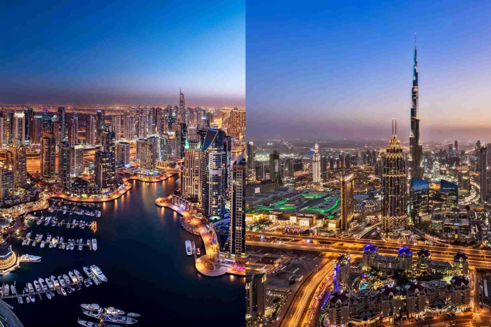 Aerial split-view comparison of Dubai Marina’s winding canal and skyscrapers versus Downtown Dubai’s Burj Khalifa and Dubai Fountain, for property buyers