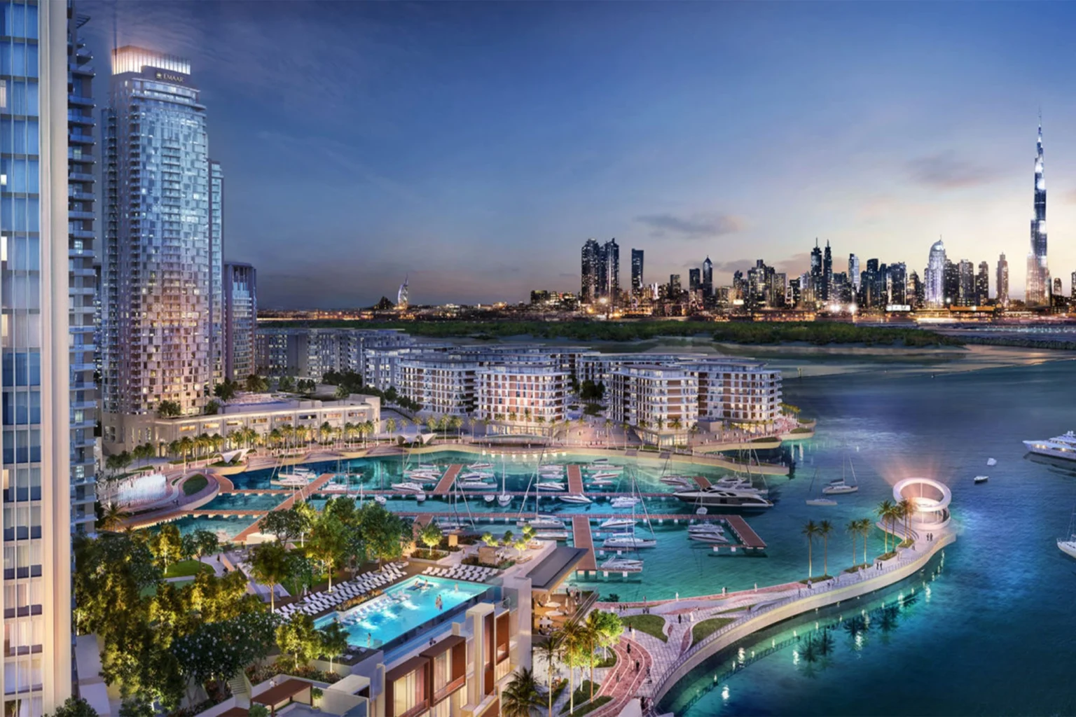 Aerial view of Dubai Marina at sunset showcasing skyscrapers, yacht-filled canal, and modern residential towers