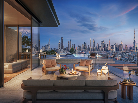 Infographic overlay on Dubai Property trends for 2026 showing price growth and rental yields.