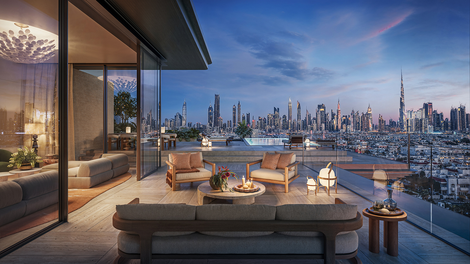 Infographic overlay on Dubai Property trends for 2026 showing price growth and rental yields.