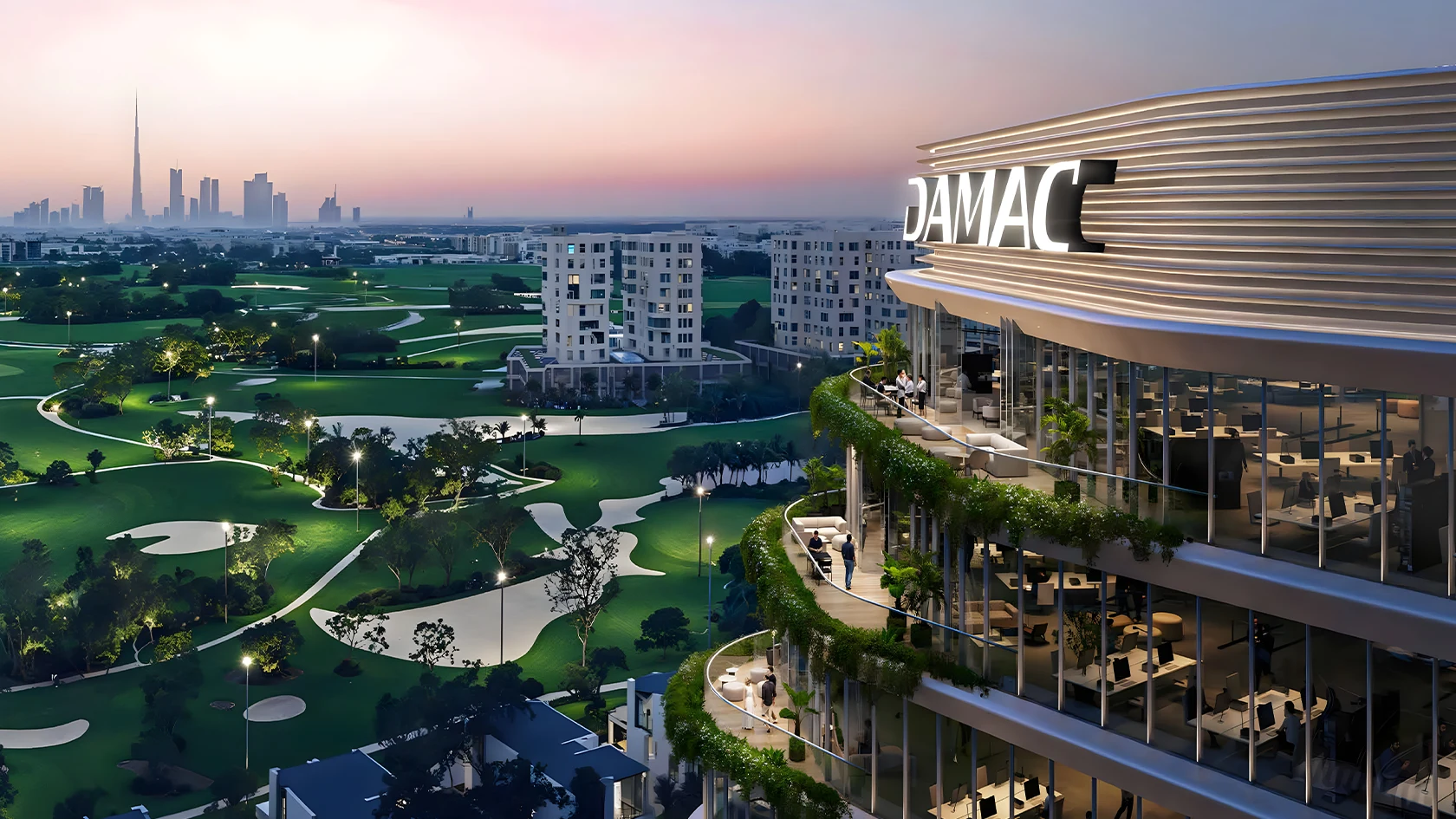 Luxury Living at Damac Hills showcasing a modern villa with private pool, landscaped garden, and golf course views under a bright blue sky.