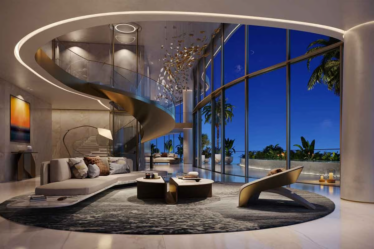 Panoramic sunset view from a Luxury Penthouse in Dubai featuring the Burj Khalifa and private infinity pool