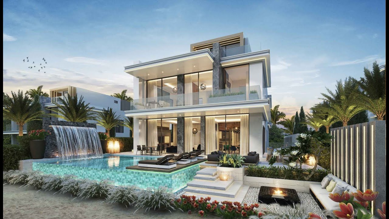 Family enjoying a private pool and garden while owning a villa in Dubai with modern architecture and city skyline in the background