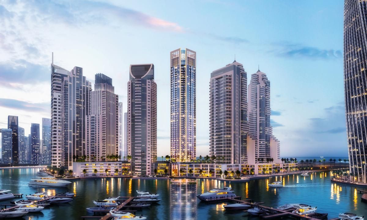 A colorful infographic map of Dubai highlighting the top high ROI areas for property buyers, including Jumeirah Village Circle (JVC), Dubai Marina, and Business Bay. The image features upward-trending green arrows, percentage symbols indicating rental yields, and a silhouette of the Dubai skyline in the background.