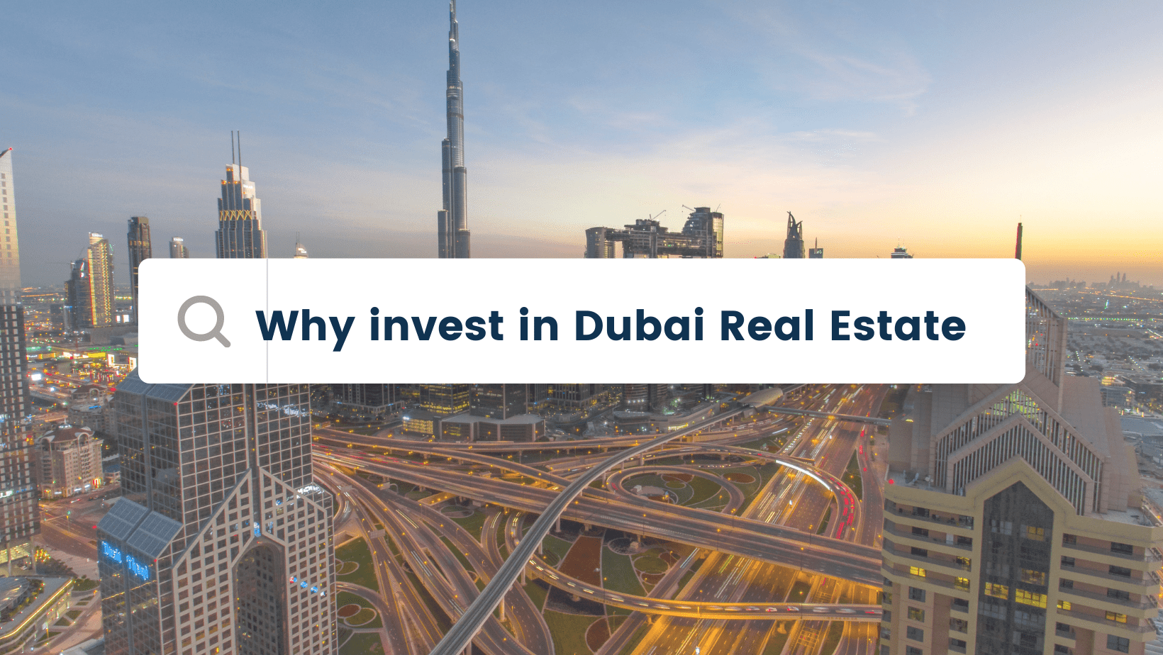 Aerial view of Dubai’s modern skyline featuring the Burj Khalifa and luxury waterfront villas, highlighting why global buyers pick Dubai real estate for tax-free living and high ROI.