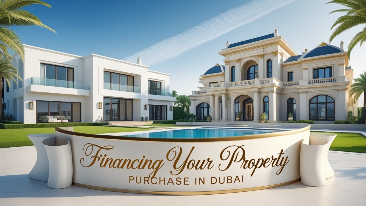 step-by-step visual guide on how to finance a property purchase in Dubai, featuring a calculator, bank documents, a mortgage approval stamp, and a golden key to a luxury high-rise apartment.
