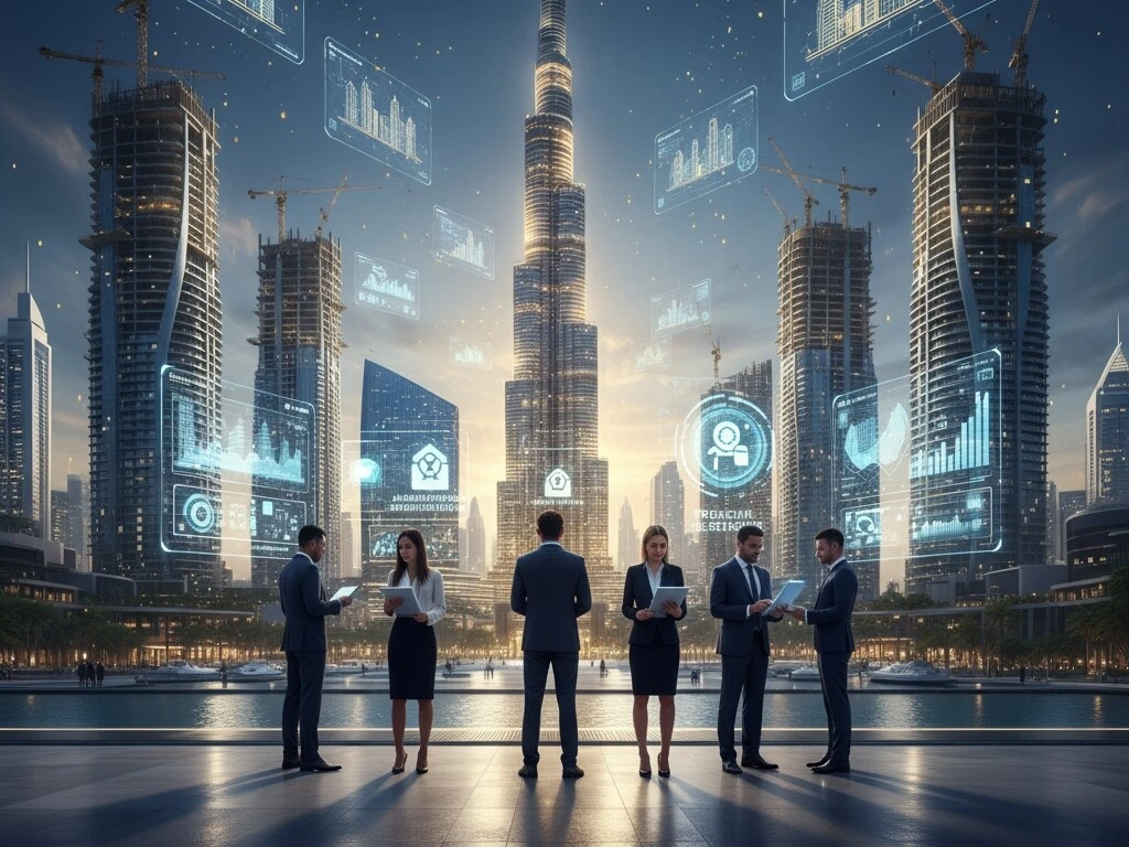 The Ultimate Guide to Off-Plan Property Investments in Dubai, featuring a glossy high-rise tower under construction with a crane, overlaid with a checklist icon and a golden compass pointing to Dubai's skyline.